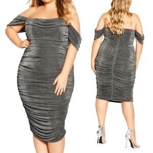 City Chic Luminosity Midi  Dress Ruched Bodycon Off Shoulder Gunmetal NEW 12W